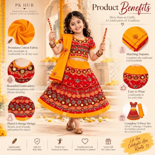 Image of PK HUB Girl's Cotton Radha Dress - Traditional Lehenga Choli with Dupatta | Readymade Chaniya Choli for Garba, Dandiya & Janmashtami | Ethnic Costume for Girls (Set of 3)