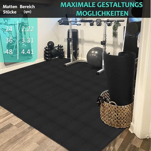 Bodenschutzmatte Fitness Set [31x31cm] - 24 Puzzlematte - EVA Sportmatte Fitnessmatte Rutschfest, Bodenmatte für Fitnessraum&Fitnessgerät, Fallschutzmatten Outdoor&Pool Unterlegmatte, Schwarz