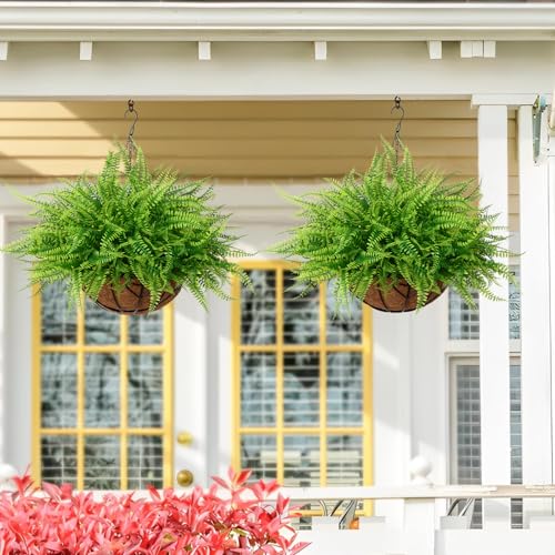 KHOYIME Artificial Hanging Plants with Basket 2PCS Fake Boston Fern Baskets, Outdoor Faux Greenery Stems Hanging Decor UV Resistant Indoor Outside Decorations for Home Garden Porch Balcony Patio Yard