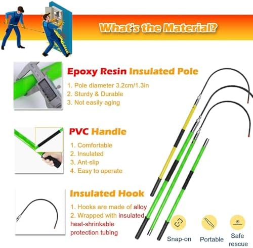 High Voltage Insulated Hook Commercial - Non-Conductive Body Pull Stick, Safe Portable Electrician Tool, Life-Saving Electric Pole for Safety and Protection