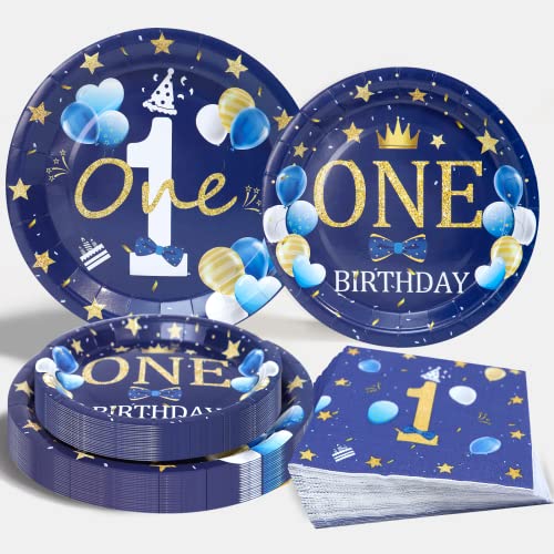 Vaisselle Garçon 1 An, 24 Invités Or Bleu 'ONE' Fête D'anniversaire Serviettes Assiettes Papier pour Premier Anniversaire Décoration