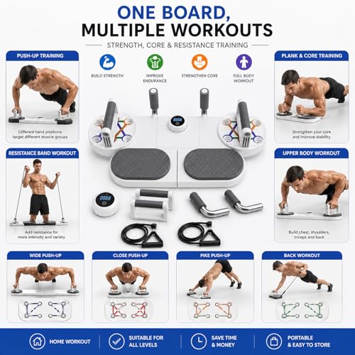 Image of Push Up Board with Resistance Bands & Smart Counter, Multifunction Home Gym Equipment for Chest, Shoulder, Triceps, Back & Core Workout, Pushup Bar System for Men Women