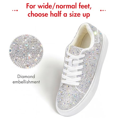 Image of Suokdil Sparkle Rhinestone Sneakers for Women - Bling Fashion Bedazzled Platform Tennis Shoes - White Glitter Sequin Wedding and Party Shoe