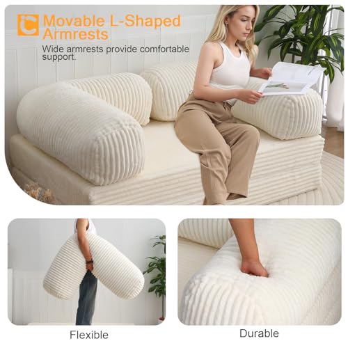 COMAX Folding Sofa Bed Queen, Foldable Couch Bed, Fold Out Futon Chair Sleeper for Adults, Convertible Floor Mattress Sofa for Bedrooom Living Room Guest Room, Faux Fur Light Beige