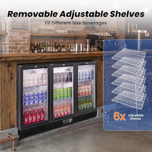 Image of 53.15 inch W Commercial Under Counter Beverage Refrigerator, 3 Glass Door Back Bar Cooler, Built-in /Freestanding 12Cuft Drink Fridge with LED Light, Auto Defrost, Low-E Glass & Safety Lock, Rebound door