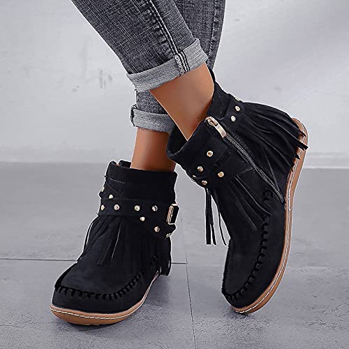 Womenyiaor Women's Fringe Western Cowgirl Boots Ankle Boots Cowboy Boots Suede Tassel Boots Fashion Pull On Short Boots Round Toe Flats Retro Winter Low Heel Booties3