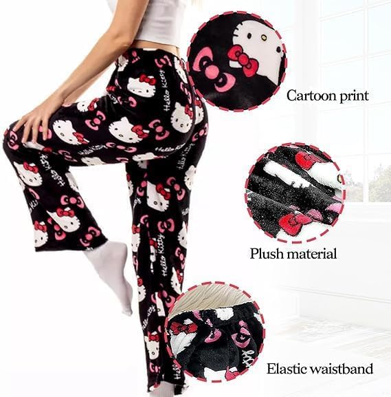 Cute Cartoon Pajama Pants for Women, Kawaii Anime Cat Pjs Christmas Pajama Pants Fluffy Flannel Sleep Bottoms - Image 2