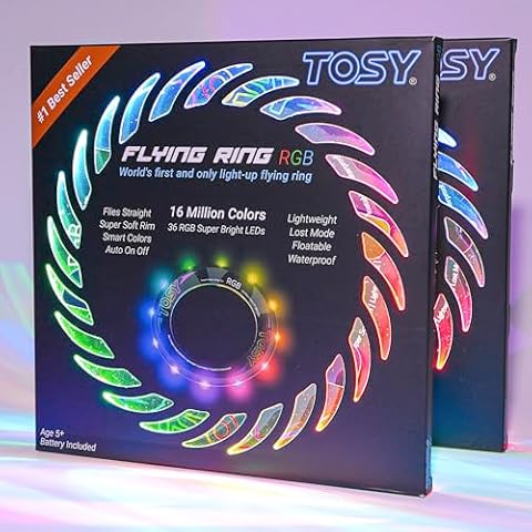TOSY Flying Ring - 16 Million Color RGB, Super Bright, Lost Mode, Auto Light Up, Safe & Soft, Waterproof, Lightweight frisbee, Birthday, Camping, Valentine, Easter Gift Toy for Boy/Girl/Kid (set of 2) Cover