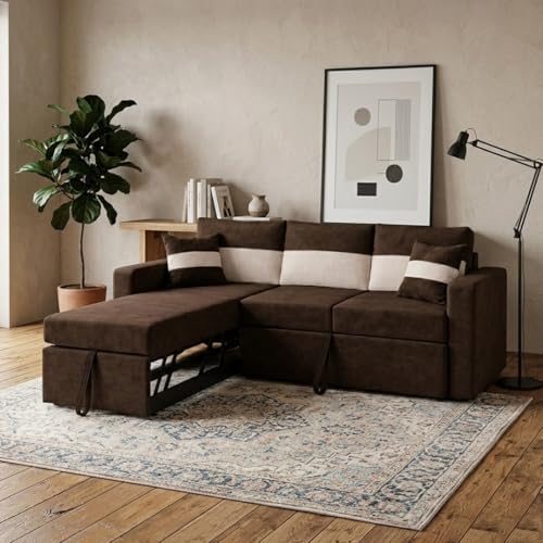 Image of FURNY Soria 4 Seater LHS Lounger Sofa Cum Bed (Dark Brown - Cream) with Pull-Out Function | Luxury Velvet Suede Finish | Durable Comfort | Ideal for Living Room