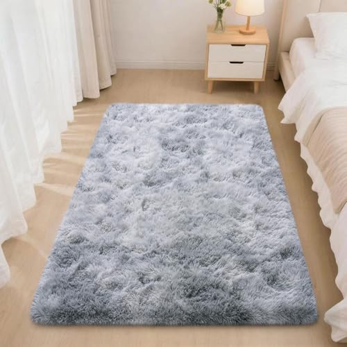 2x3 Rugs for Bedroom, Fluffy Area Rugs for Living Room, Soft Shag Kids Rug Small Carpet with 4 Non-Slip Rug Pads (Grey Tie-Dyed, 2ft x 3ft)