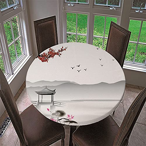 Chickwin Mantel Antimanchas Redondo, Mantel de Mesa Impermeable Diseño de Borde Elástico con Estampado Pintura Chinoiserie Mantel Redondo para Comedor, Cocina y Picnic (Paisaje,100cm) Cover