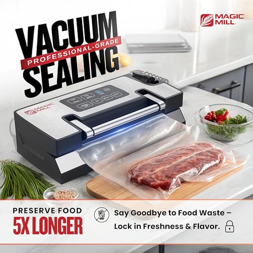 Magic Mill Pro Liquid Vacuum Sealer Machine, New Patent Technology for Liquid, Dry, Moist Food, Upgraded Handle Lock, 90Kpa Bag Storage, Built-in Cutter, Removable Drip Tray, Double Seal for Freshness