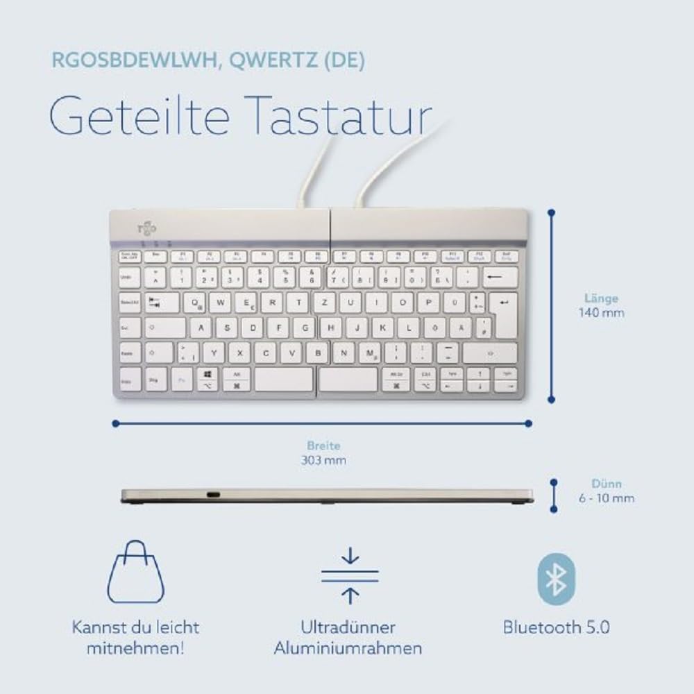 R-Go - Tastiera Split Bluetooth 5.0, con software anti-RSI, design ergonomico con tastiera divisa, controlli multimediali, layout tedesco QWERTZ, compatibile con Windows/MacOS, colore: bianco