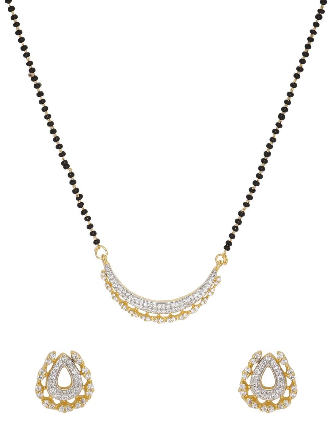 Stylish Minimalistic Mangalsutra Stud Earrings and necklace set for women | Hypoallergenic Women's Indian Jewelry Set Black Gold-Plated Cubic Zirconia CZ Studded Mangalsutra Set