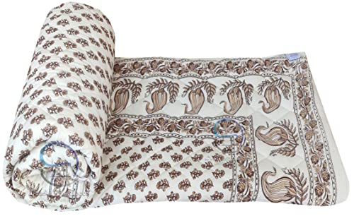 Image of Jaipuri Razai Double Bed Gold Print with Computerized Quilting Use as Soft and Breathable Cotton Comforter Quilt Rajai Blanket Dohar Size 85X100 inch Off White (Cream) Pack of 1