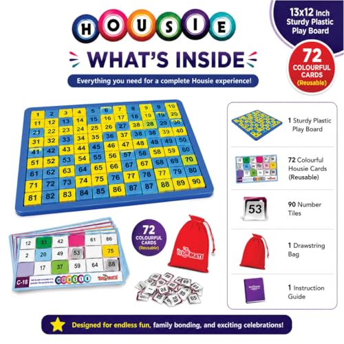 Image of toymate Premium Housie Game - The Big Party Entertainment | 72 Reusable Colourful Cards, 13x12 Inch Plastic Play Board, 30mm Big Tiles | No Pins or Pencils Needed | Family Fun Tambola Game