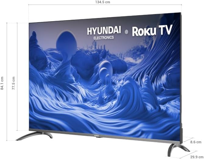 Diagram showing the dimensions of the Hyundai 60-inch 4K QLED Smart TV, including width, height, and depth.