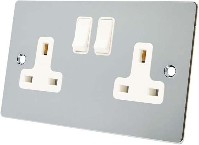 Alliance Electrical FPC2GSOCWH Polished Chrome Flat 2 Gang White Insert Plastic Rocker Switches-13 Amp Double Plug Socket, 240 V