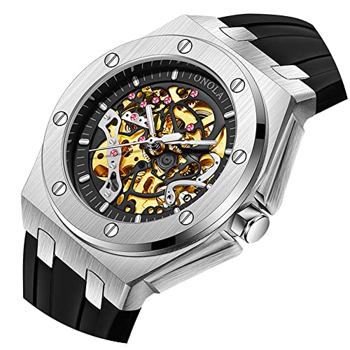 Image of Tiong Fashion Automatic Watches Mechanical Wrist Watch Golden for Mens Skeleton Watches with Stainless Steel Transparent Dial