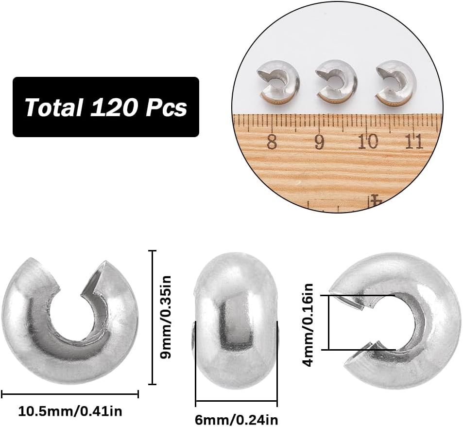 SUNNYCLUE 1 Box 80Pcs 9mm Stainless Steel Crimp Beads Covers Half Round Crimp Beads Knot Cover Open End Caps Metal Crimping Spacer Beads for Jewelry Making Bead Assortments DIY Crafts Bracelets Adult image 2