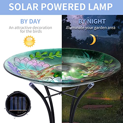 Vcuteka Glass Bird Bath Outdoor Solar Birdbath With Metal Stand For Lawn Yard Garden Decor, Flowers #TOP1