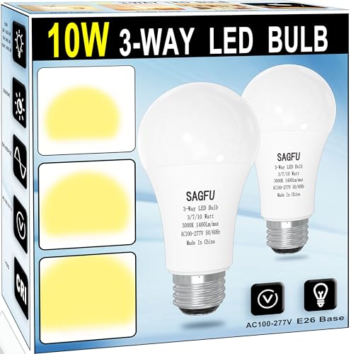 SAGFU 3 Way Led Light Bulbs 30 70 100 W Equivalent Soft White 3000K,A19 Three Way Light Bulbs, E26 Base LED Light Bulb for Indoor Reading,Table Lamps Floor Lamps 2 (10W 3000K 2PACK)