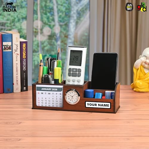 Image of Gift Kya De Personalized Stationery Desk Organizer With 2026 Calendar, Clock, And 4 Compartments - Elegant Wooden Table Organizer For Office And Home Use