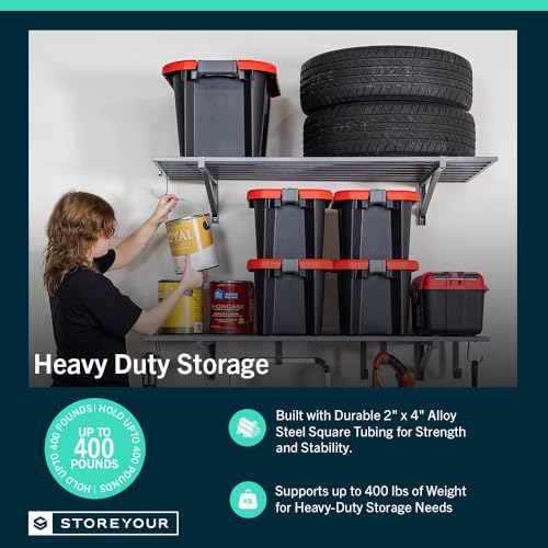 StoreYourBoard Garage Shelving Wall Mounted | 2x4 Heavy Duty Garage Wall Shelves 2-Pack, 24” Deep x 46.5” Long | Steel Garage Storage Rack Wall Mounted with Hooks, 200 lb Each / 400 lb Total, Gray by StoreYourBoard - Image 4