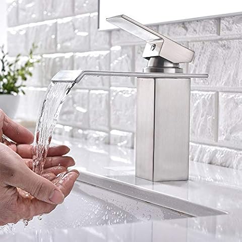 Friho Single Handle Waterfall Bathroom Vanity Sink Faucet, Brushed Nickel Bathroom Faucet Commercial Cover