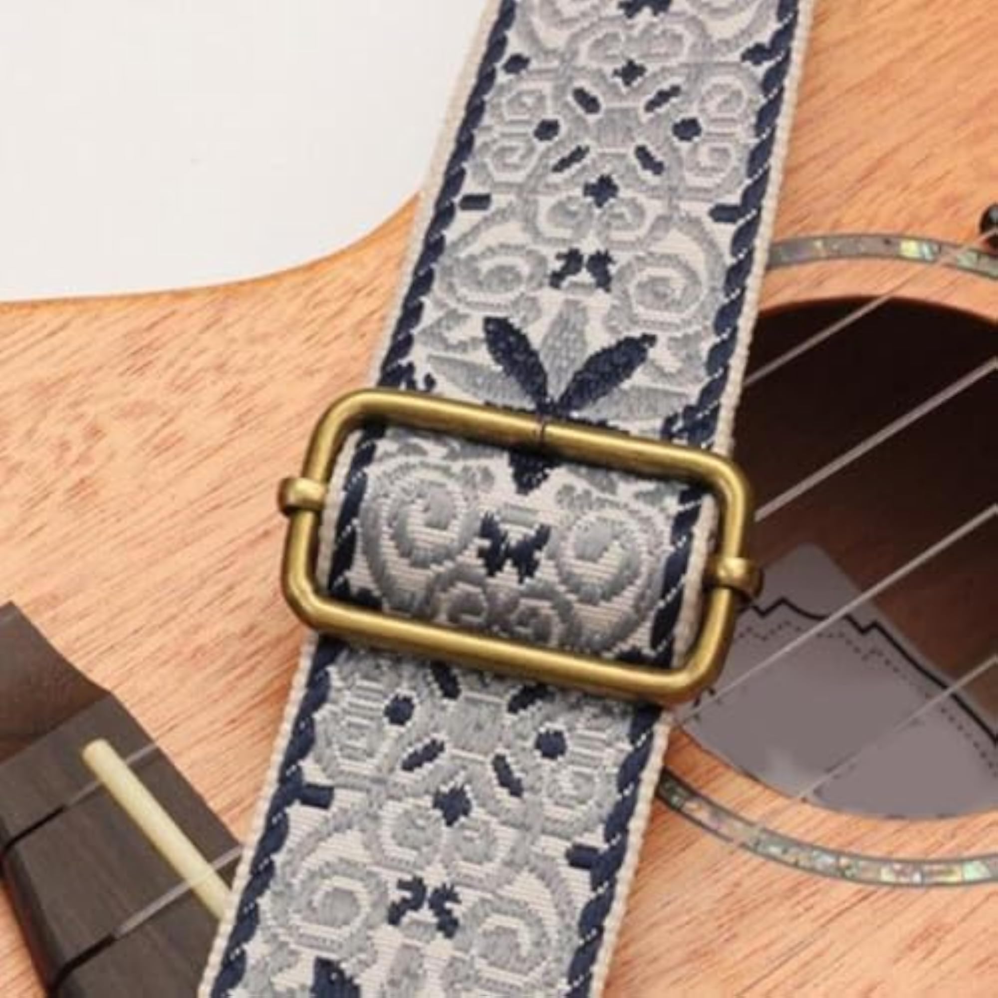 Music Embroidered Ukulele Strap, Blue