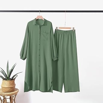 Muslim Clothes for Women 2 Piece Set Long Sleeve Button Down Shirt and Pants Ramadan Abaya Dress Islamic Dubai Outfits