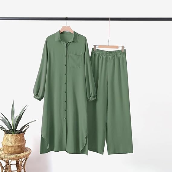 Muslim Clothes for Women 2 Piece Set Long Sleeve Button Down Shirt and Pants Ramadan Abaya Dress Islamic Dubai Outfits