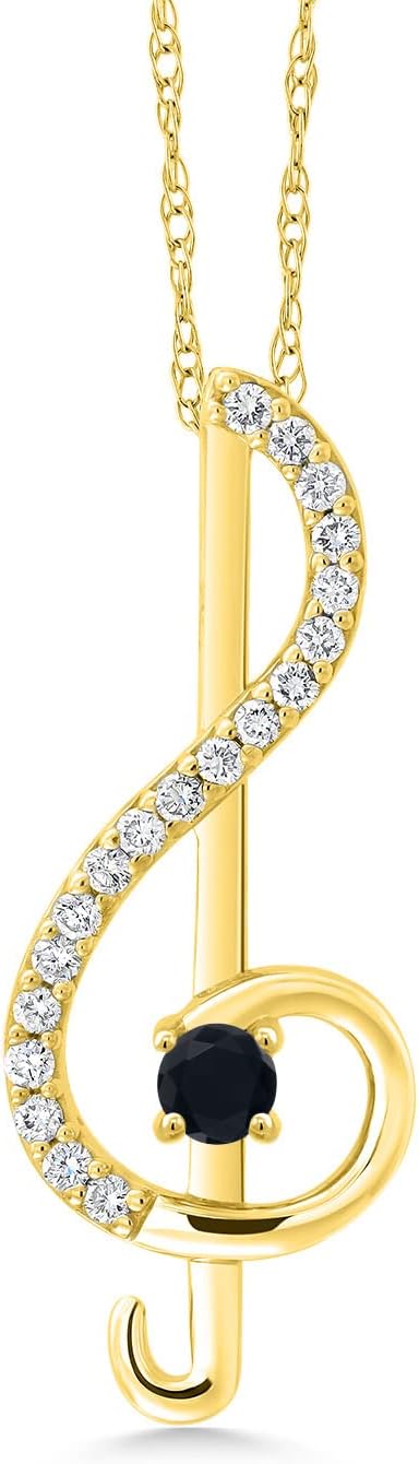 Gem Stone King Music Treble Clef Pendant Necklace for Women | 10K Yellow Gold | 3MM Round Black Onyx and White Lab Grown Diamond | By Keren Hanan | 0.25 Cttw | With 18 Inch Gold Chain