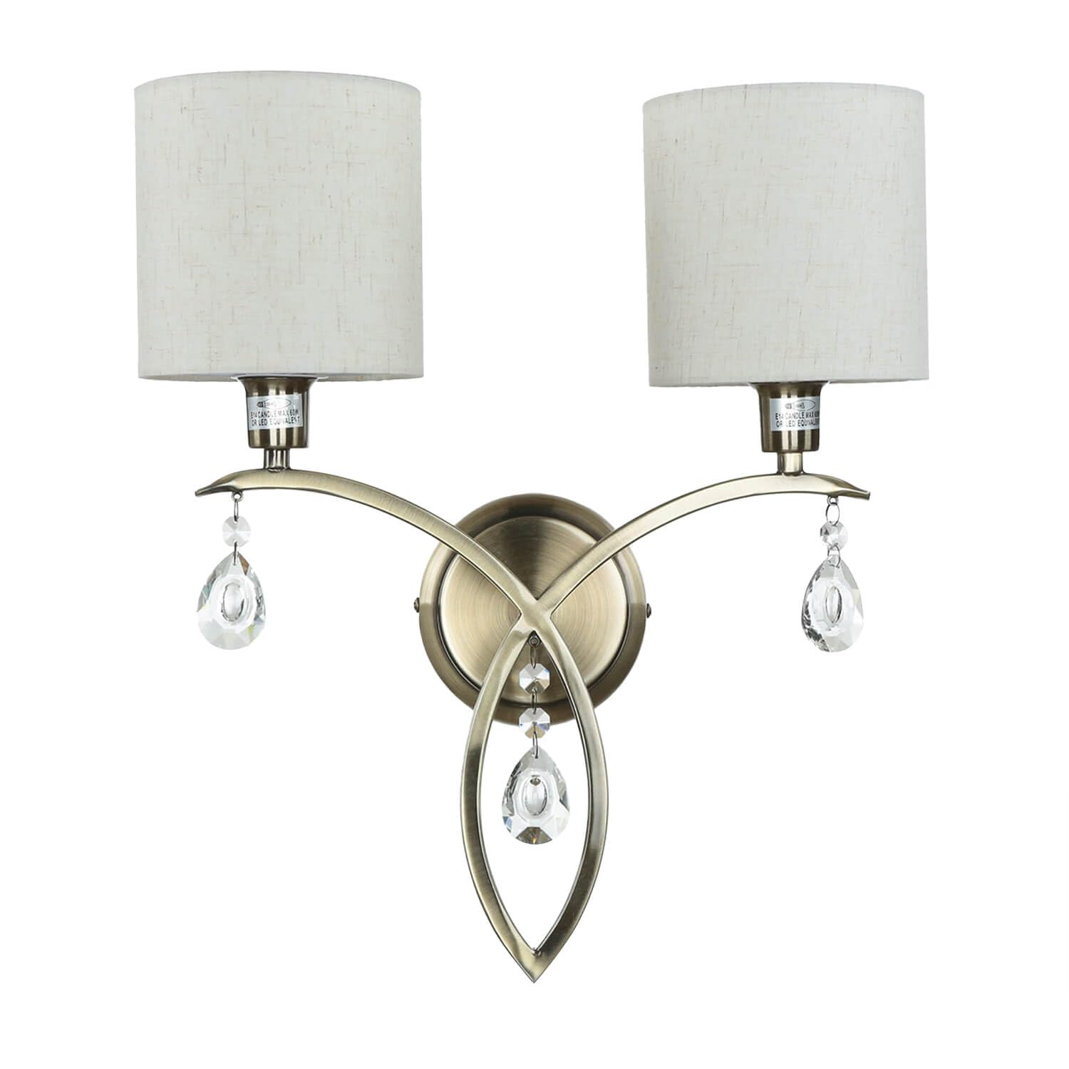Licht-Erlebnisse Wandlampe 2-flammig in Messing Antik Natur E14 Stoff Metall mit Schalter Klassisch Wandleuchte Wohnzimmer Schlafzimmer