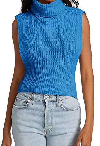 Image of Womens Sleeveless Sweater Vest Turtleneck Ribbed Knit Tank Tops Basic Slim Fit Top