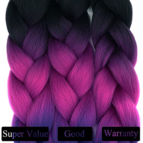 Cybelleza 24inch Braiding Hair Extensions for Braiding Ombre Jumbo Braiding Synthetic Hair 3PCS 300g Crochet Hair Box Braids for Women Braiding Black & Fuchsia & Blue Purple - Image 3