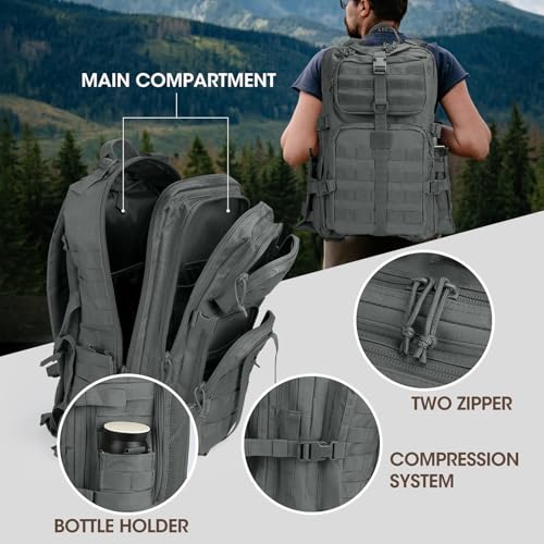 Image of REEBOW GEAR Military Tactical Backpack for Men 3 Day Survival Bag Grey | 40-45L Large Bag, Bottle Holder On the Side, MOLLE, for Outdoor Sports Hunting Hiking, Daypack Bug Out Rucksack Work Bag