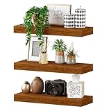 BAMEOS Floating Shelves, 16x6 American Oak Wall Mounted Wooden Shelves with Invisible Brackets Set of 3, Hanging Wall Shelves Decoration for Bedroom, Bathroom, Living Room and Kitchen