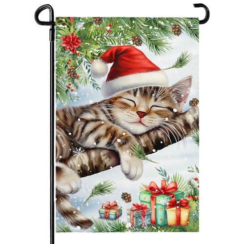 Hello Winter Garden Flag 12X18 IN Double Sided Cat Garden Flags for Outside Xmas Holiday Winter Farmhouse Yard Outside Decoration