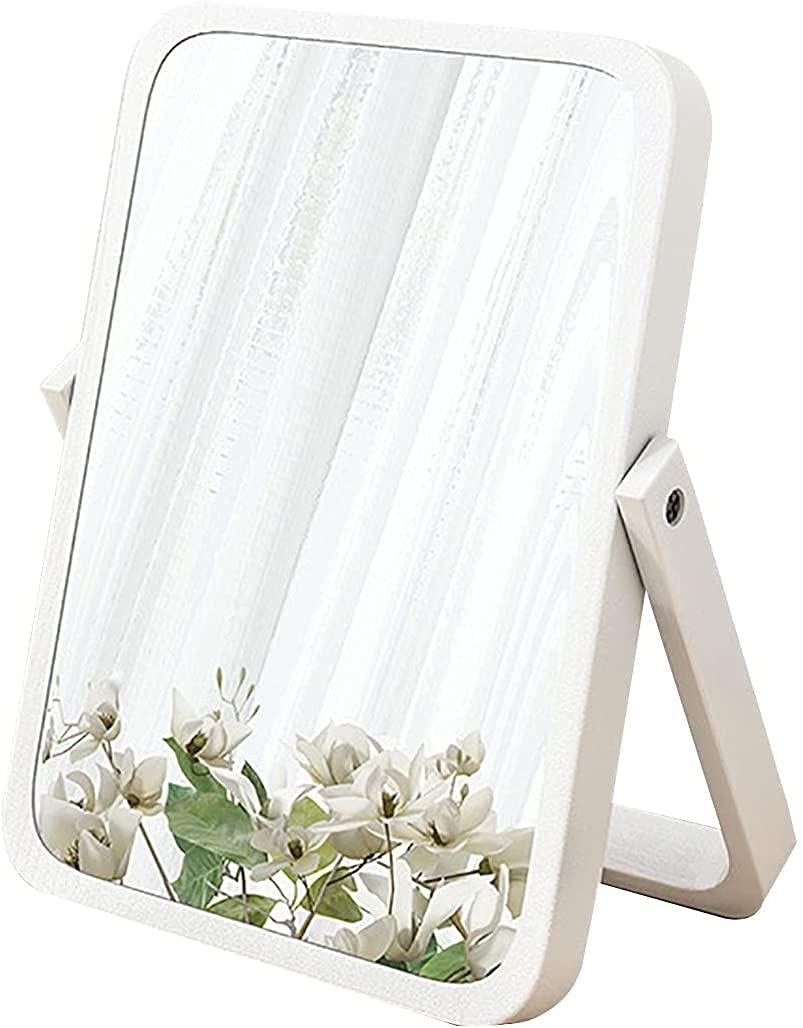 GLXQIJ Tabletop Makeup Mirror,Square Foldable Vanity Mirror with Wooden Stand, Portable Folding Mirror, 360°Adjustable Rotation Tavel Make Up Mirror,White-10 in