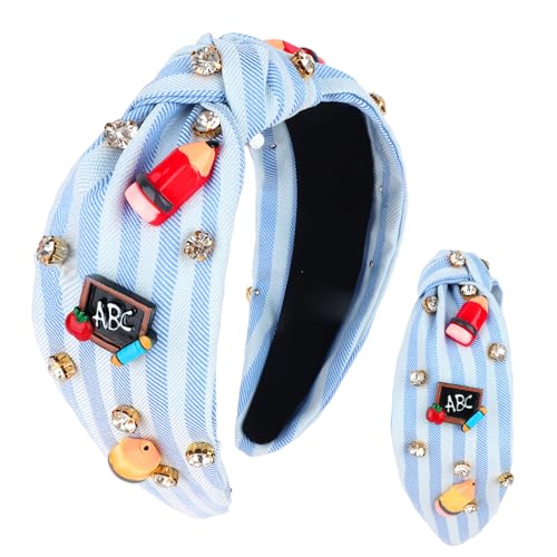 Esitrormi Graduation Gifts-Teacher Headband for Women ABC Apple Pencil Rhinestone Embellished Headband Wide Top Knot Blue Headbands Back To School Outfit Teacher School Hair Accessories for Women Girl