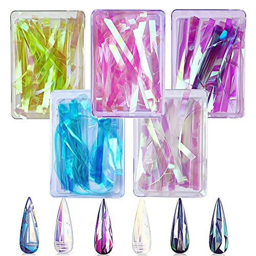 CHANGAR Ice Cube Aurora Glass Paper Nail Art Sticker, Colorful Laser Aurora Cellophane Gradient Candy Paper Strip Nail Sticker, Reflective Mirror Design DIY Nail Art Decoration (5 Boxes)