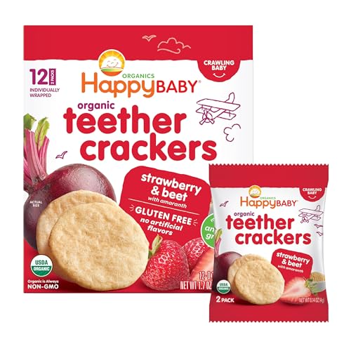 Happy Baby Organics Baby Snacks, Gentle Teething Crackers, Gluten Free & Vegan, Strawberry & Beet, 12 Count (Pack of 6)