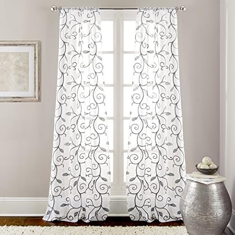 Pacific Coast Textiles Leaf Swirl Sheared Curtain Set, Polyester, White/Gray, 37 x 84-Inch, 2-Piece Cover