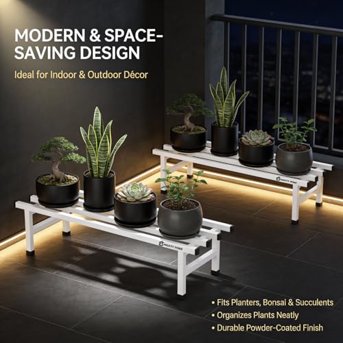 Image of Mighty Home Iron Plant Stand Set of 2, Durable Metal Rack for Indoor & Outdoor Decor, Heavy Duty, Rust-Resistant, Space-Saving Plant Holder for Home, Balcony & Garden, White
