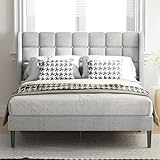 HAOARA Queen Bed Frame with Headboard and Upholstered Wingback, Modern Platform Bed Frame, Mattress Foundation Wooden Slats Support, No Box Spring Needed, Easy Assembly, Light Grey