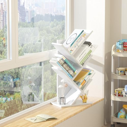 SHEEPAM 5 Tier Tree Book Shelf, Small Desktop Bookshelf with Storage Organizer, Wood Bookcase, Desk Display Bookshelves, Floor Standing Organizer Bookcases for Living Room,Bedroom,Office-White — view 5