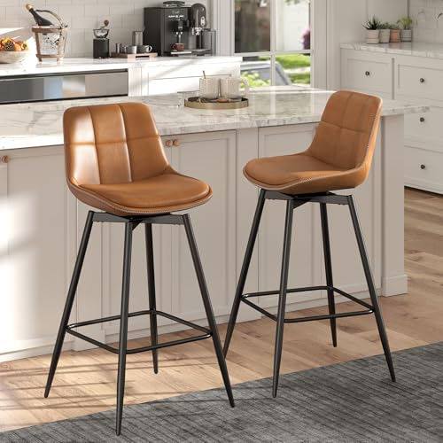 Urhanherry Drehbarer Barhocker mit Industriestil - PU mit dekorativen Absteppung, mit Rückenlehne und Fußstütze - Metallbeine, Einfache Montage, Karamellbraun
