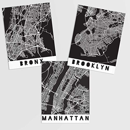 Map Wall Prints Set | City Travel Theme Set Of Posters 8X10 Inches Unframed Illustrations Printed In Usa By Ritzy Rose (New York City Black & White) #TOP6