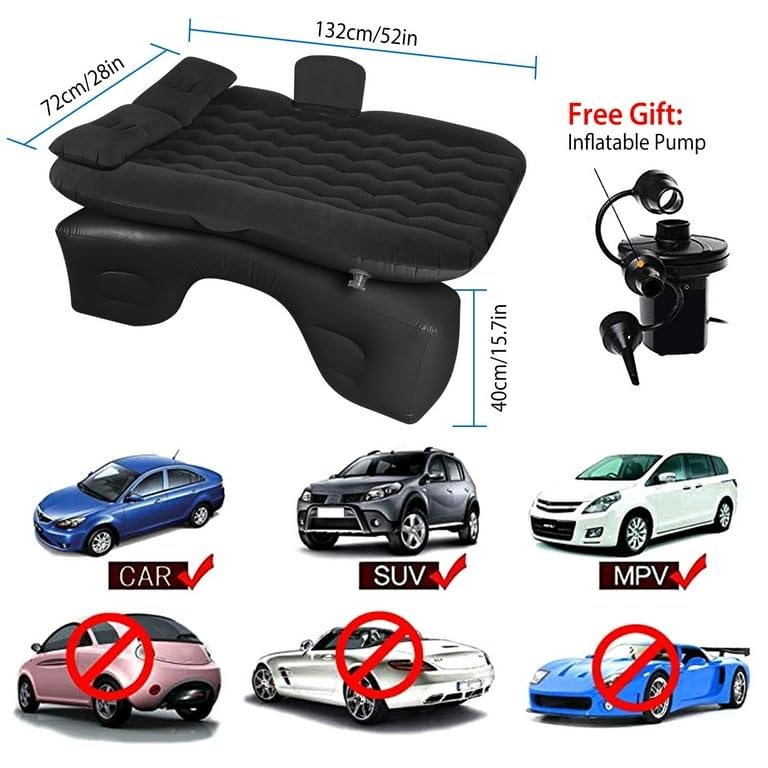 Image of SELECTRA Premium Car Inflatable Bed with Pump & 2 Air Pillows | Quick Inflate Back Seat Mattress | Universal Fit Car Bed for Travel, Camping, Kids, Picnic & Road Trips | (Black)